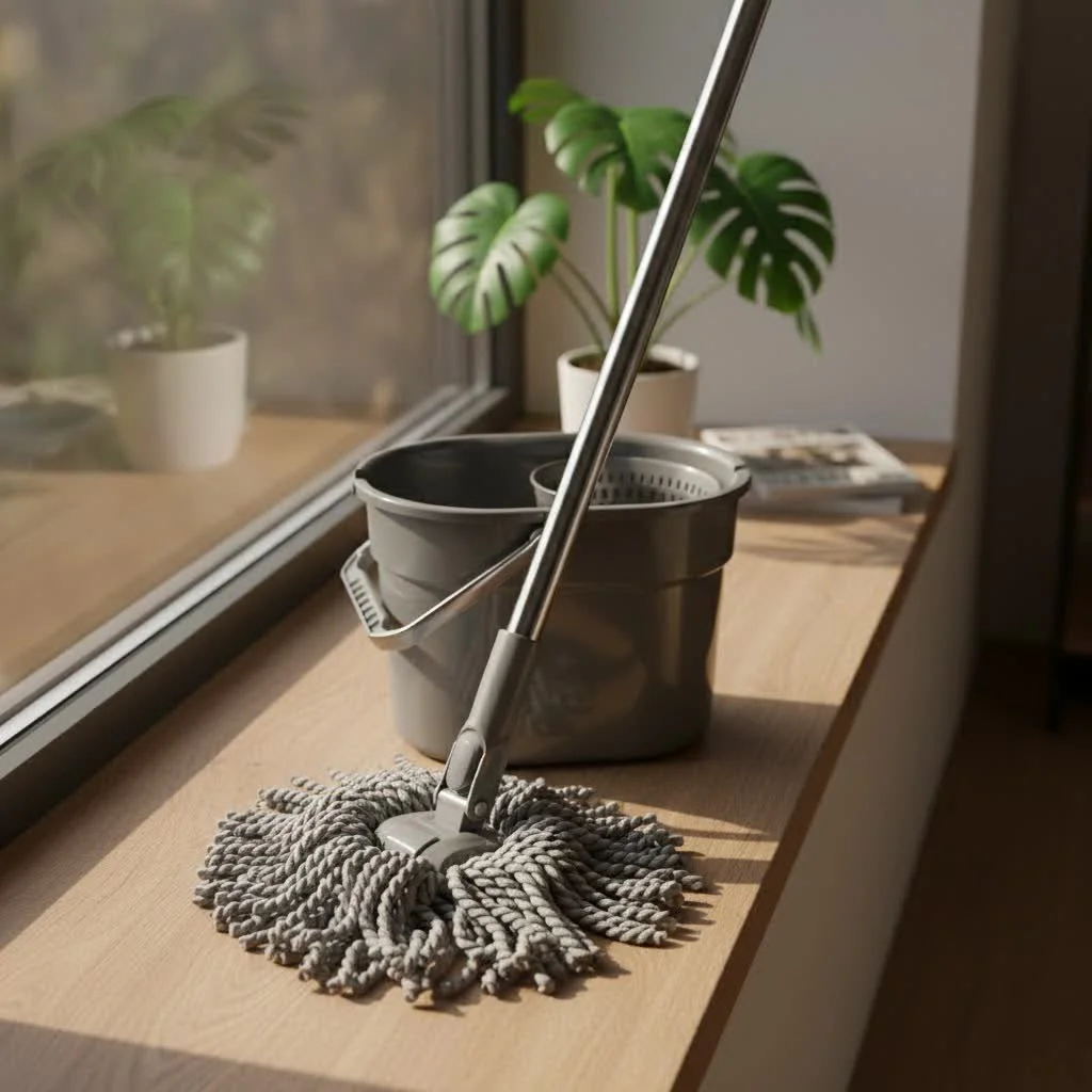 Steam spin mop cleaning a tiled floor