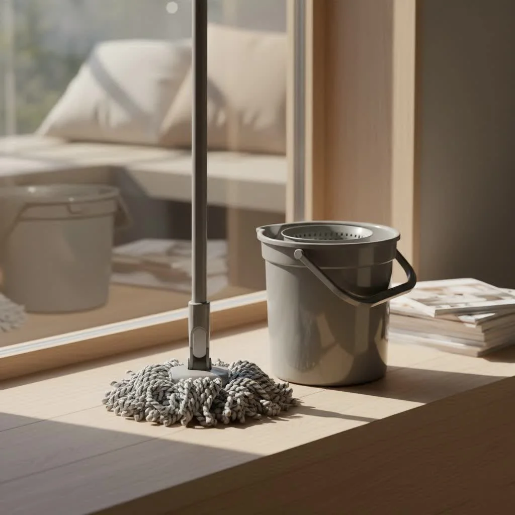 Electric spin mop cleaning a kitchen floor
